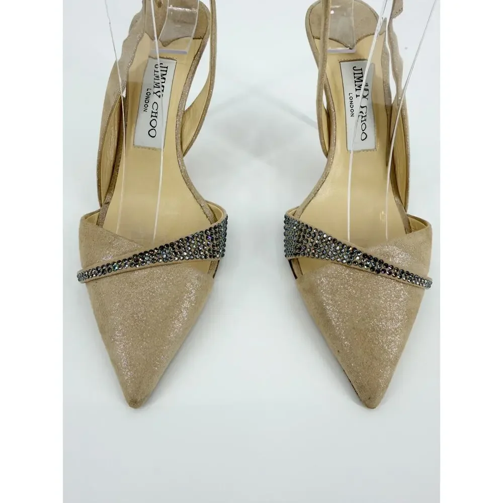 Jimmy Choo Desai Shimmer Beige Crystal Pointed Toe Slingback Pump Heels 37